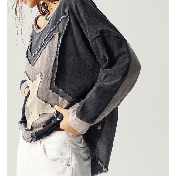 Charcoal Star patch Frayed Loose Fit  Long Sleeve Top - Picture 5 of 6